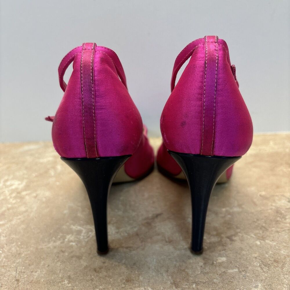 J Crew Women Pink Satin Heels Navy Blue Patent Leather Toe Heels T Strap 8.5 - Picture 5 of 11